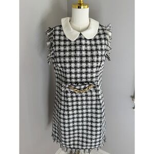 NIWIY Tweed Black & White Women Collared Dress Sz L  Preppy Classic